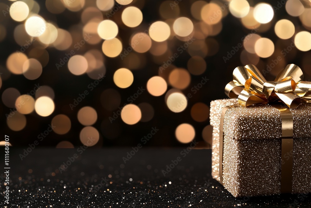 Luxury gifts shine with exclusive sparkle. Gift box with a shiny bow against a blurred golden bokeh background. Luxury gifts shine with exclusive sparkle. Gift box with a shiny bow against a blurred golden bokeh background.