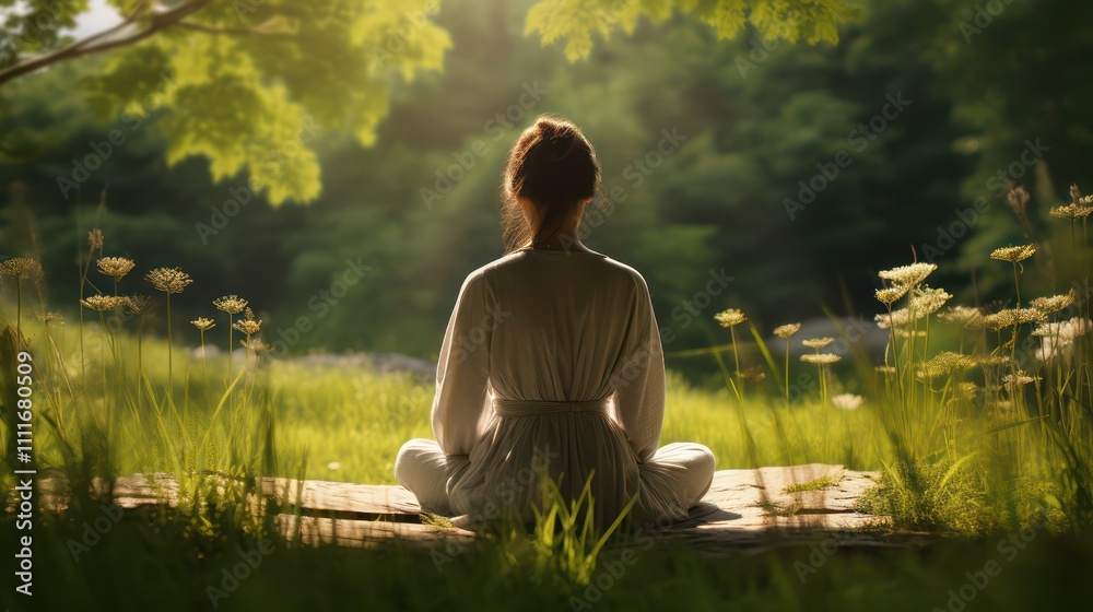 Fototapeta premium Woman Meditating in Nature Surrounded by Greenery and Sunlight, Promoting Inner Peace and Mindfulness in a Tranquil Outdoor Setting