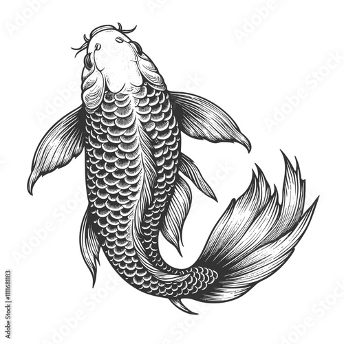 koi fish with elegant, flowing fins and intricate scales, symbolizing tranquility and beauty sketch engraving generative ai vector illustration. Scratch board imitation. Black and white image.