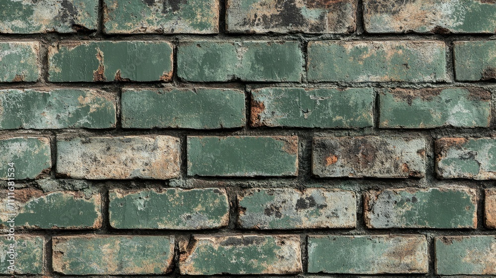Close-up of a weathered green brick wall with rust and peeling paint, highlighting the texture and aged beauty of the surface Close-up of a weathered green brick wall with rust and peeling paint, highlighting the texture and aged beauty of the surface