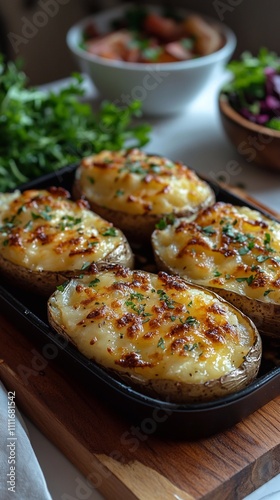 A photo of baked potatoes with cheese, placed on the kitchen table in front of green salad and a bowl. The potato shells have been melted browned by cooking inside an oven for several hours. They look