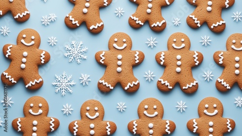 Gingerbread for timeless classic Christmas. Gingerbread cookies arranged with snowflakes on a blue background.