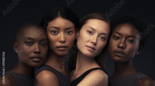 Diverse Group of Women Showcasing Unity and Strength Against a Dark Background in a Modern Artistic Photography Setting