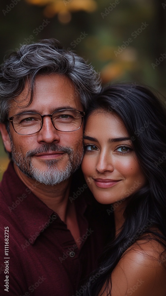 An American couple in their late thirties, the man in glasses and a maroon shirt, the woman with long, wavy black hair and green eyes, embracing and gently kissing. The romantic scene is set against a An American couple in their late thirties, the man in glasses and a maroon shirt, the woman with long, wavy black hair and green eyes, embracing and gently kissing. The romantic scene is set against a