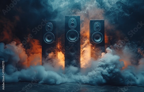Three Black Speakers in a Smoky Atmosphere