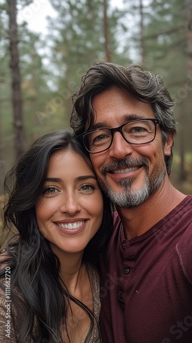 A photograph of an American man in his late thirties and a woman with dark hair embracing each other. The man is wearing glasses and a maroon shirt, while she has long, wavy black hair and green eyes.