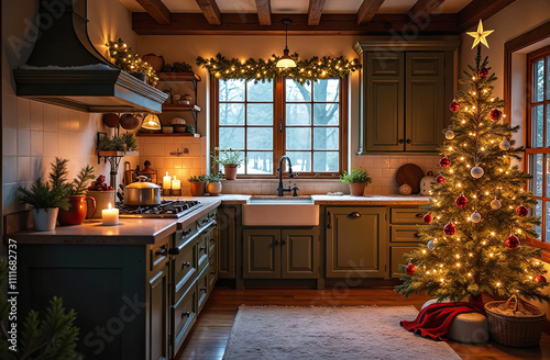 Rustic interior of a cozy modern Christmas kitchen, new Year's mood, preparing for the holiday, utensils. Christmas decor of a contemporary kitchen with a cooked dinner.  photo