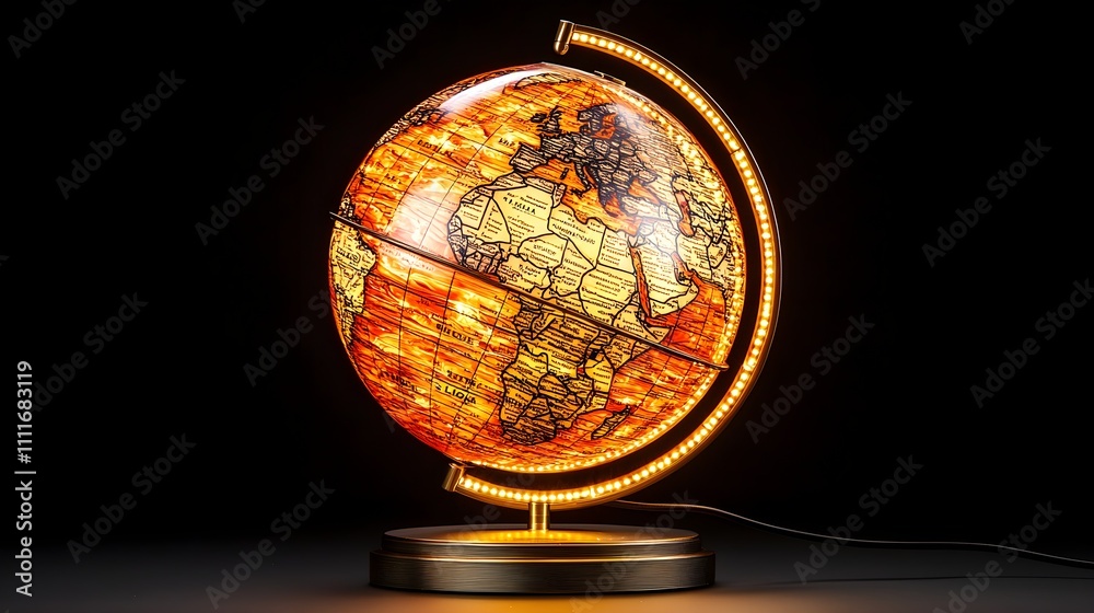 Obraz premium Close-up of globe illuminated by angled sunlight, bright vivid colors popping, textured ocean and land areas, nostalgic feel