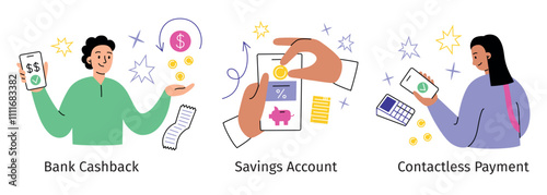 Vector illustration of banking concepts, cashback, savings account, and contactless payment. Flat cartoon style with modern design elements for financial and fintech themes, cartoon characters paying