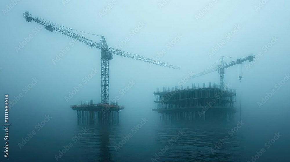 In thick fog, two tower cranes stand over a partially constructed site, with emerging structures rising from the water, evoking a surreal mood In thick fog, two tower cranes stand over a partially constructed site, with emerging structures rising from the water, evoking a surreal mood