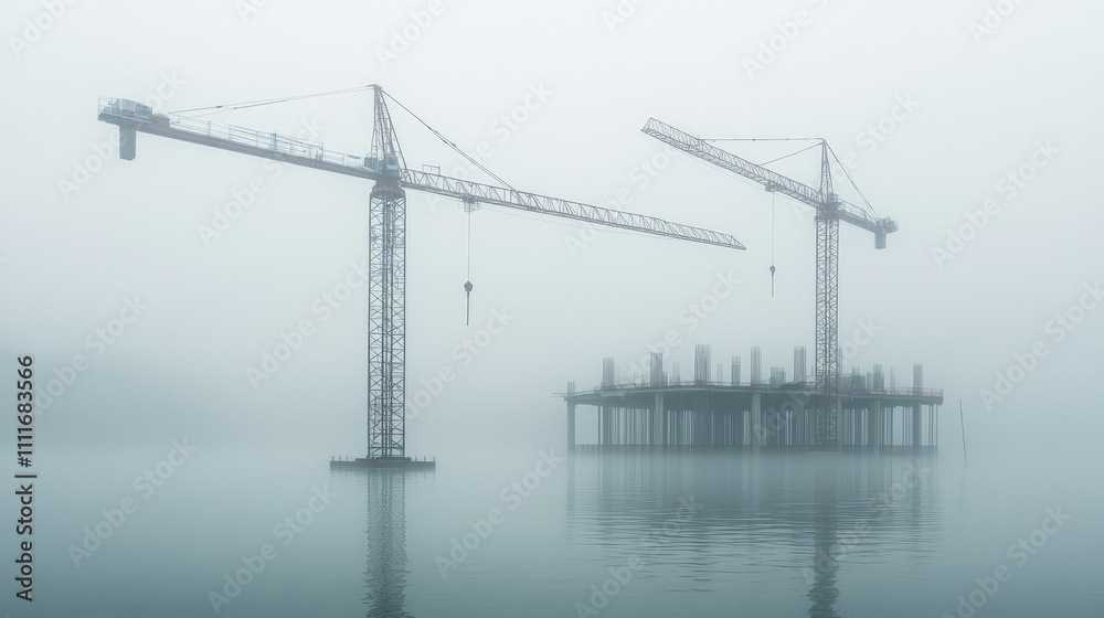 Fototapeta premium In thick fog, two tower cranes stand over a partially constructed site, with emerging structures rising from the water, evoking a surreal mood