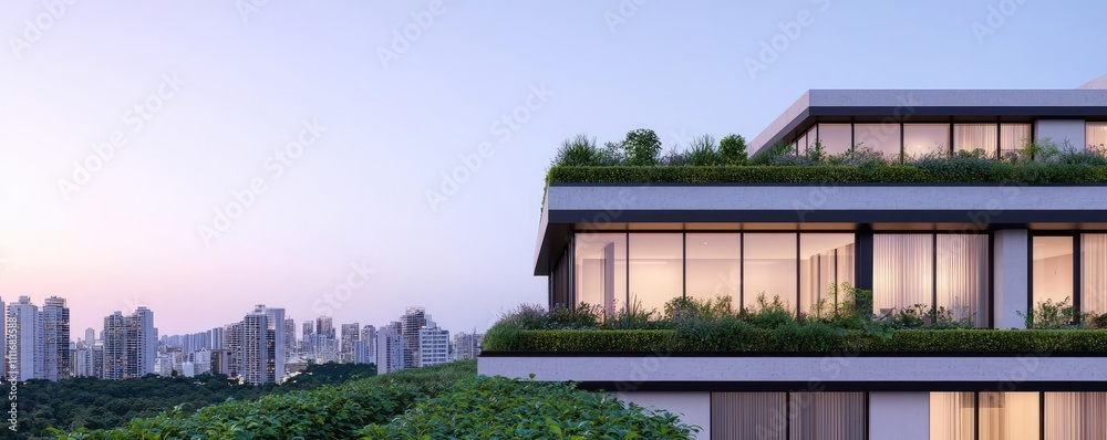 Obraz premium Modern architectural design with green rooftop and city skyline in the background.