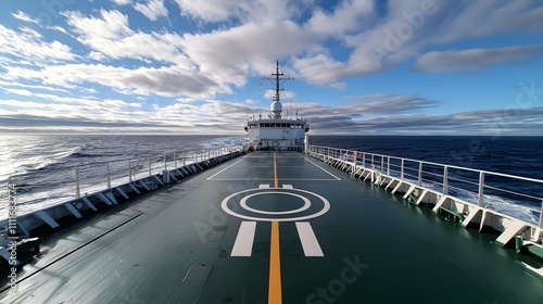 Close-up of ship's deck with neatly arranged containers, ship's radar in view, blue sky filled with fluffy clouds, hint of sunlight photo