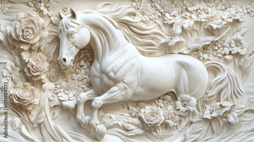 White horse carving amidst roses and flowers. White horse carving amidst roses and flowers.