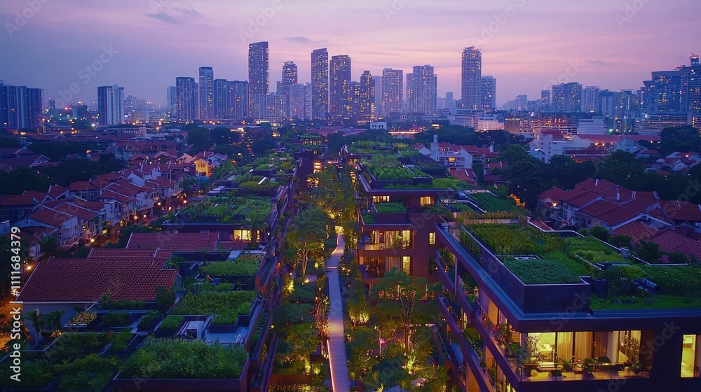 Naklejka premium Skyline view of a modern city with green rooftops at twilight.