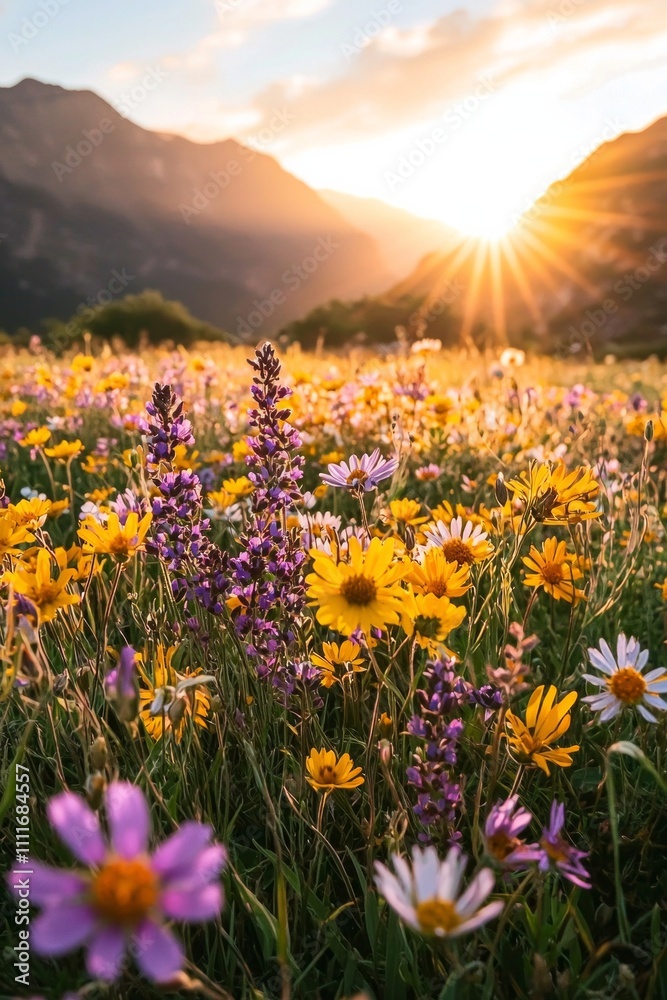 Fototapeta premium A beautiful field of wildflowers, golden hour lighting, mountains in the background