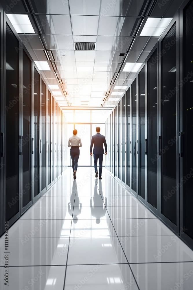 Fototapeta premium Professionals Walking in a Modern Data Center with Server Racks