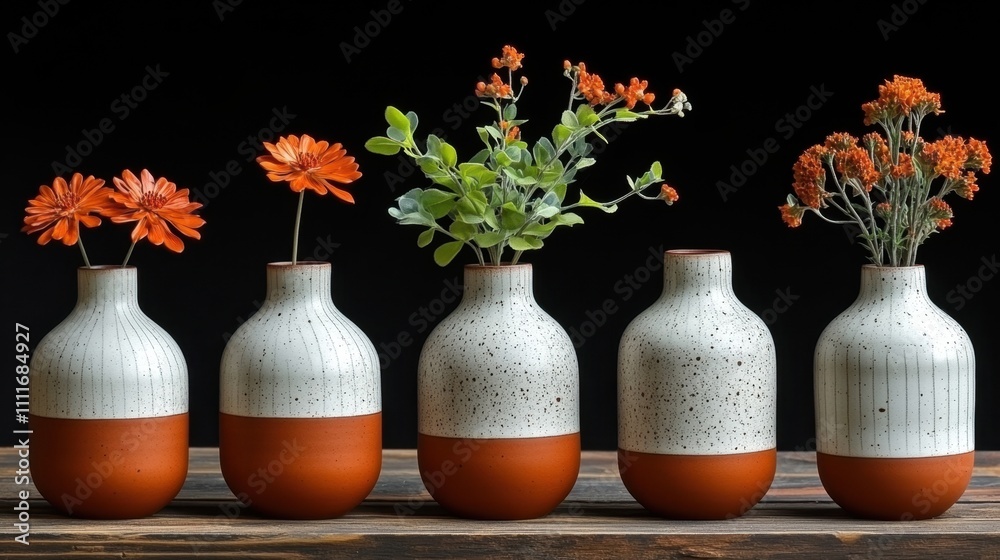 Minimalist ceramic vases with orange flowers on wooden table Minimalist ceramic vases with orange flowers on wooden table