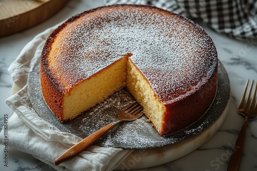 A freshly baked cake, dusted with powdered sugar, sits on a plate, ready to be enjoyed. photo