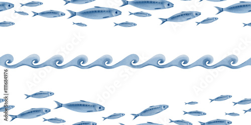 Sardine fish and a stylized ocean wave in seamless pattern swimming in a shoal watercolor illustration on a transparent background for fish restaurants,websites,posters,fish markets and stores