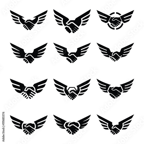 Set of Silhouette Handshake with Wings Logo - Business and Partnership Icons