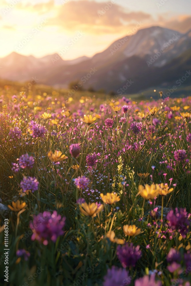 Obraz premium A beautiful field of wildflowers, golden hour lighting, mountains in the background