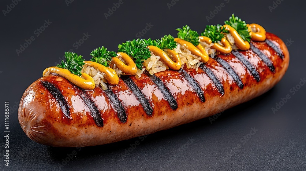Grilled Sausage with Mustard and Parsley Garnish on Black Background - Perfect for Culinary and Food Photography Grilled Sausage with Mustard and Parsley Garnish on Black Background - Perfect for Culinary and Food Photography