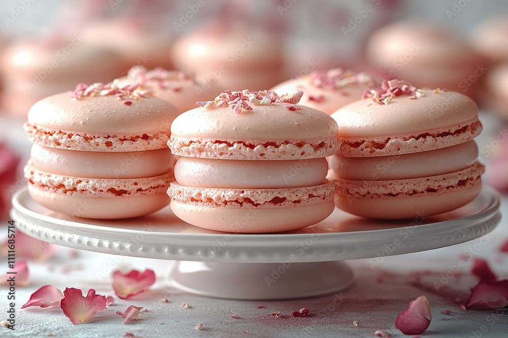 Delicate pink macarons with a delicate frosting and rose petal sprinkles. Delicate pink macarons with a delicate frosting and rose petal sprinkles.