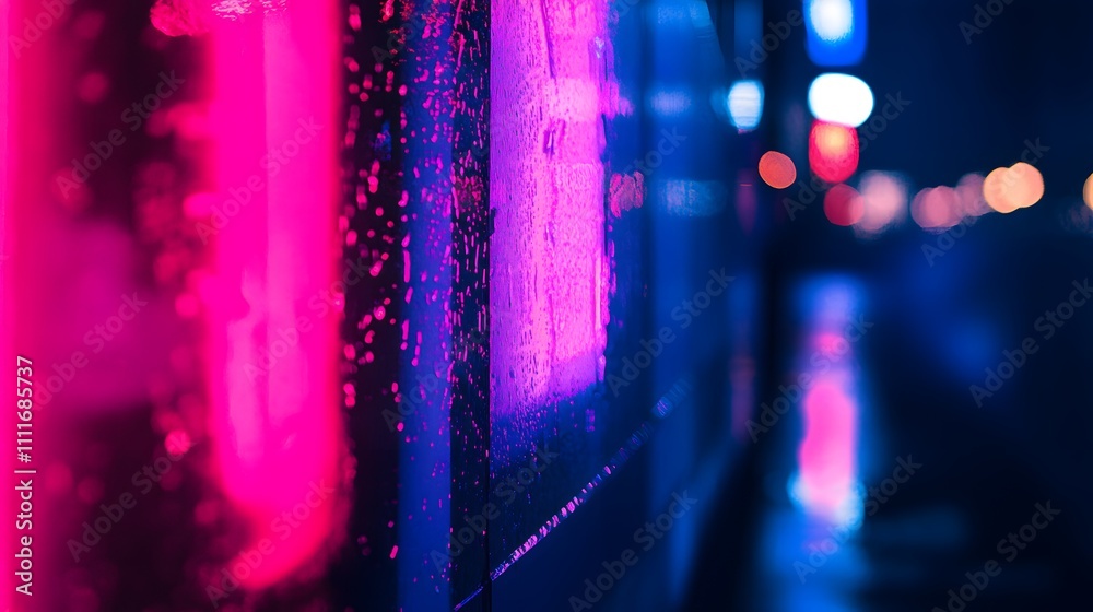 Fototapeta premium Neon Lights Reflecting On Wet Surface At Night