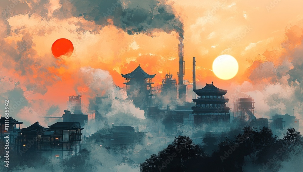 Fototapeta premium A Breathtaking Sunset over an Asian Cityscape with Industrial Complex and Twin Suns