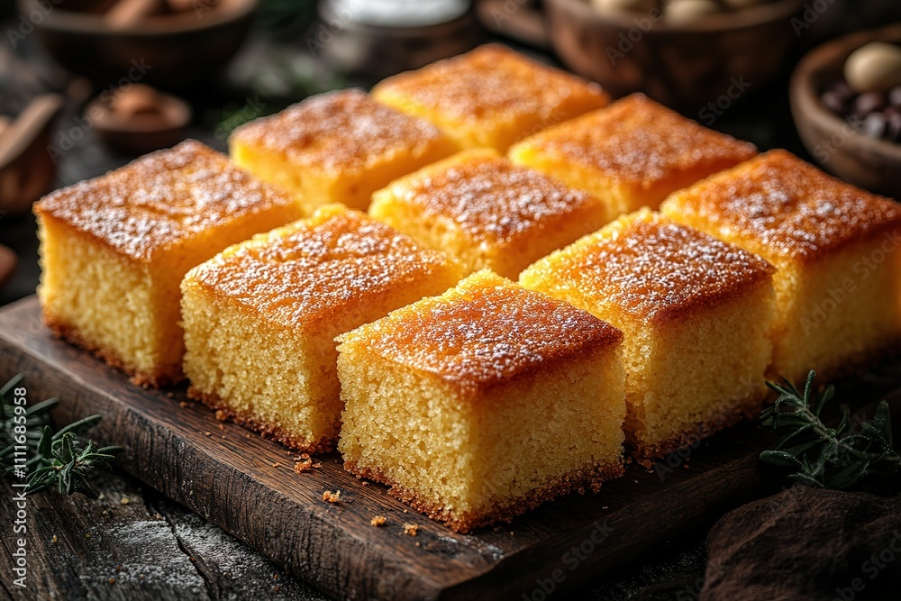 Freshly baked cornbread squares dusted with powdered sugar, a sweet and simple treat. Freshly baked cornbread squares dusted with powdered sugar, a sweet and simple treat.