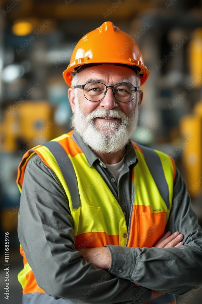 Senior Construction Worker with Safety Gear in Industrial Setting Senior Construction Worker with Safety Gear in Industrial Setting