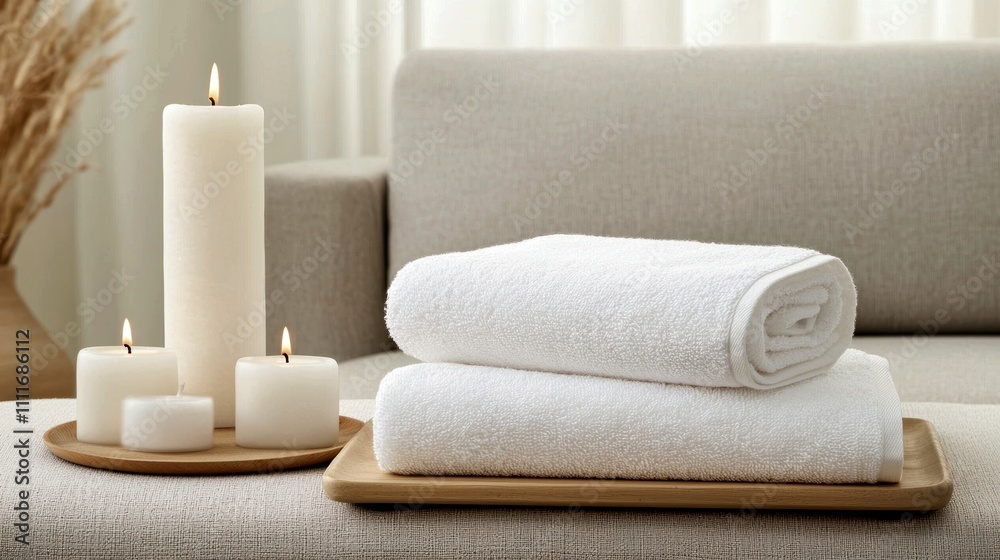 Relaxing spa setup with candles and towels Relaxing spa setup with candles and towels