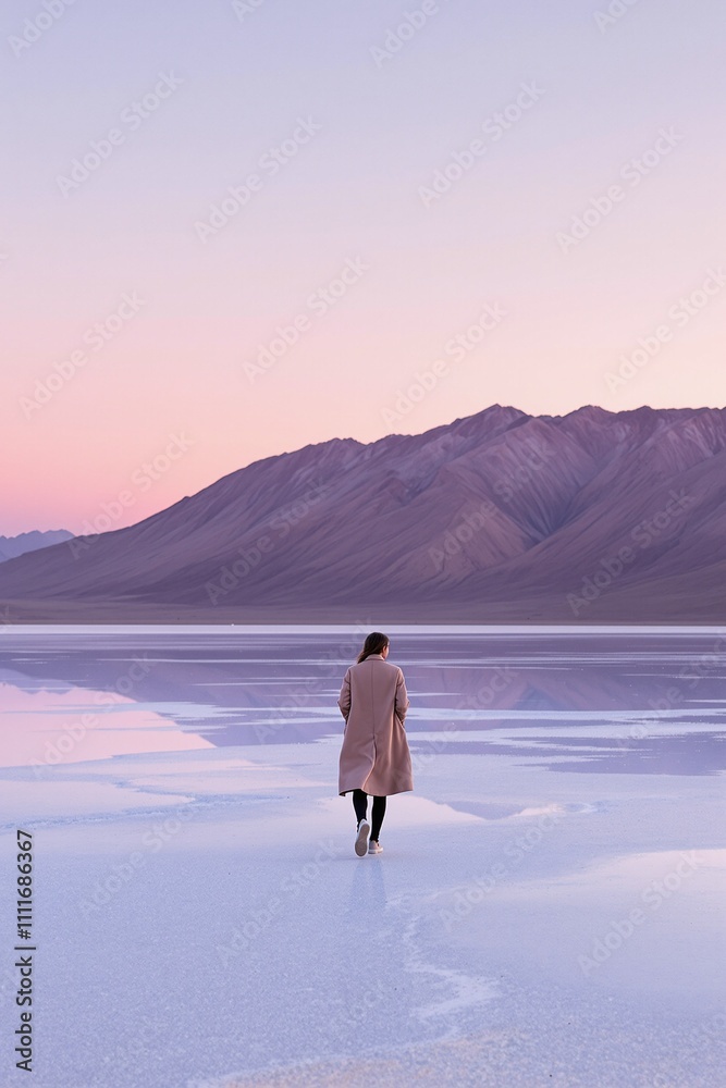 Serene Solitude at Sunrise: A Woman Strolling Across a Salt Flat Landscaped by Soft Pastel Tones Serene Solitude at Sunrise: A Woman Strolling Across a Salt Flat Landscaped by Soft Pastel Tones