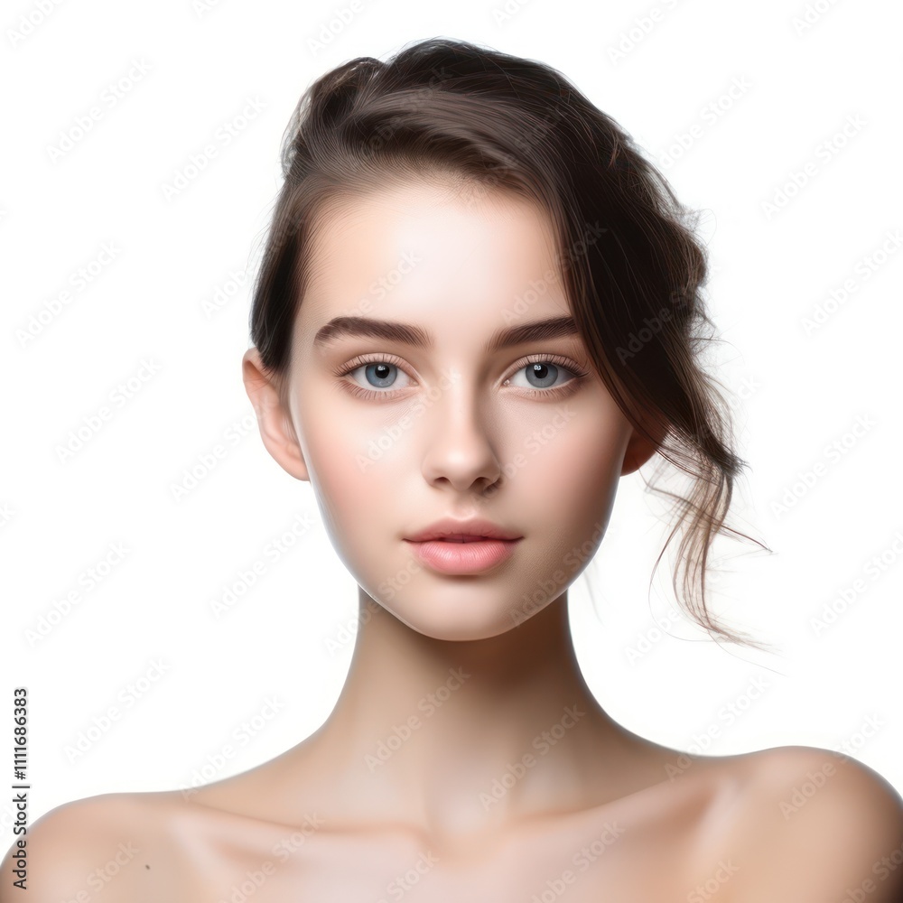 Close-Up Portrait of a Beautiful Young Woman with Natural Makeup Against a Bright White Background, Perfect for Fashion and Beauty Content Close-Up Portrait of a Beautiful Young Woman with Natural Makeup Against a Bright White Background, Perfect for Fashion and Beauty Content