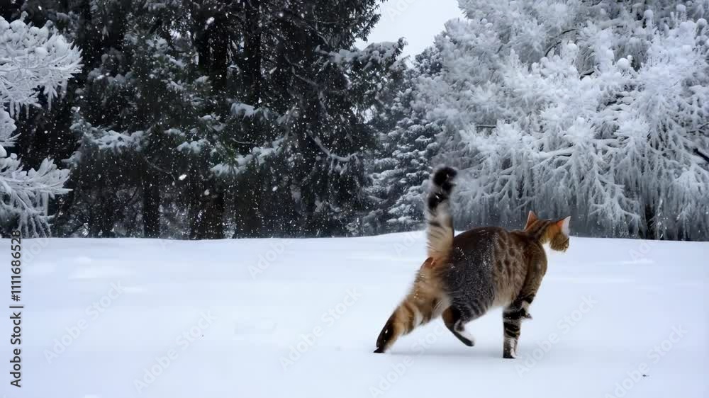 A playful cat leaps and swats at falling snowflakes in an icy snowfall A playful cat leaps and swats at falling snowflakes in an icy snowfall