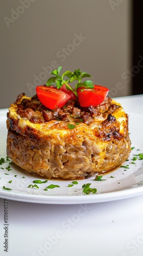 Delicious Gourmet Mushroom and Cheese Quiche Garnished with Fresh Cherry Tomatoes and Herbs on a White Plate