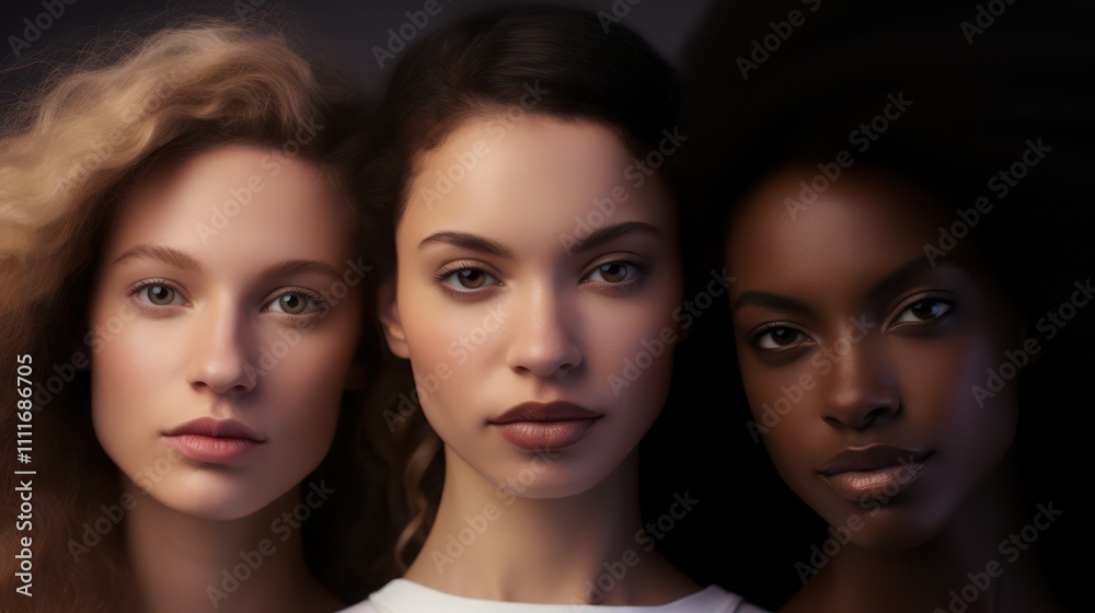 Three Diverse Women with Unique Hairstyles and Skin Tones Showcasing Beauty and Unity in a Striking Portrait Against a Dark Backdrop Three Diverse Women with Unique Hairstyles and Skin Tones Showcasing Beauty and Unity in a Striking Portrait Against a Dark Backdrop