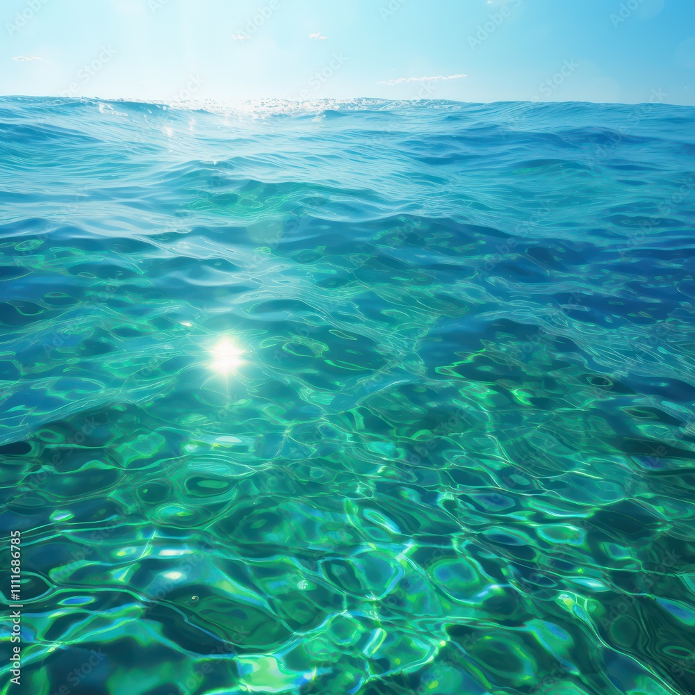 Fototapeta premium Ocean Waves Under a Bright Sky with Sunlight Reflections Glimmering on Crystal Clear Water Creating a Tranquil Seascape Atmosphere