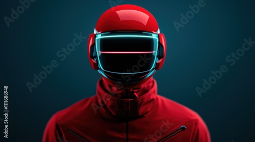 Futuristic red helmeted figure with neon accents photo