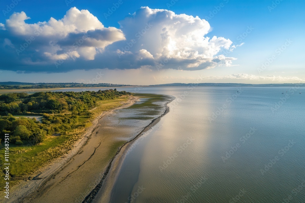 Aerial view of serene coastal landscape with sandy beach, lush greenery, calm sea, and dramatic clouds. Aerial view of serene coastal landscape with sandy beach, lush greenery, calm sea, and dramatic clouds.
