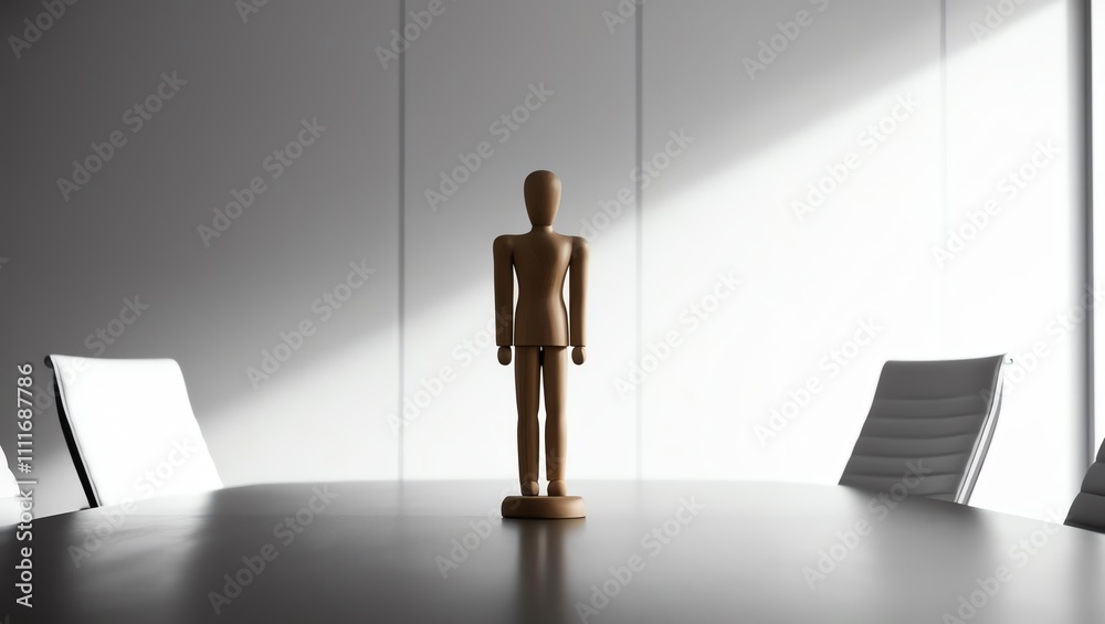 Fototapeta premium A wooden mannequin stands alone on a conference table, surrounded by modern chairs, illuminated by soft natural light.