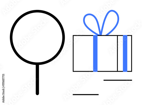 Magnifying glass examining a wrapped gift with a blue ribbon, highlighting the concepts of discovery and surprise. Ideal for marketing, retail, exploration, online shopping, surprises, quality