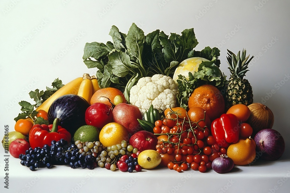 Vibrant Assortment of Fresh Fruits and Vegetables in Renaissance Inspired Still Life Composition Vibrant Assortment of Fresh Fruits and Vegetables in Renaissance Inspired Still Life Composition