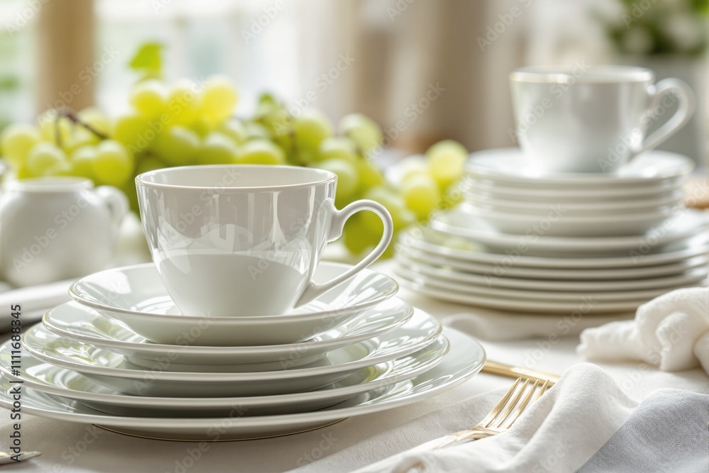 Elegantly Set Dining Table with Fine China, Grapes, and Gold Cutlery Elegantly Set Dining Table with Fine China, Grapes, and Gold Cutlery