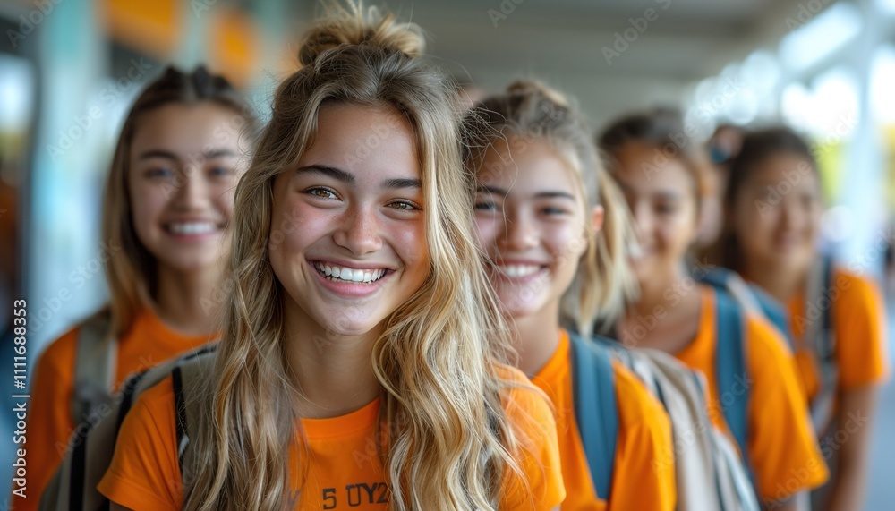 Laughing Caucasian female student with multiracial group of classmates Laughing Caucasian female student with multiracial group of classmates