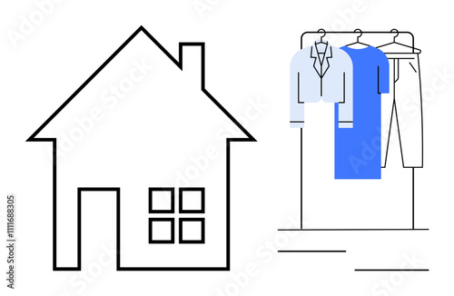 Line drawing of a house and clothing rack with shirts and trousers. Ideal for home organization, real estate, interior design, minimalism, housing market, fashion retail, home decor. Line metaphor