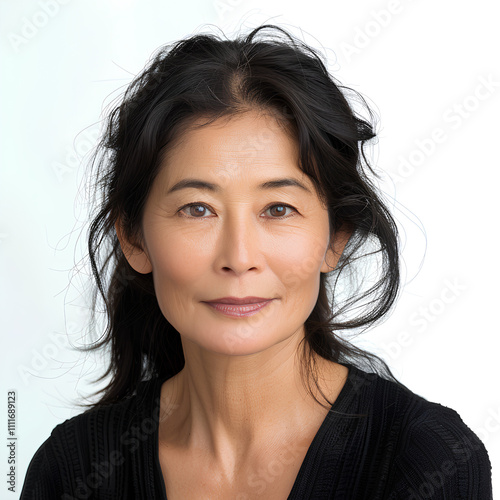 A woman with tousled, dark hair wearing a black top, set against a plain white background, capturing a natural and candid moment. photo
