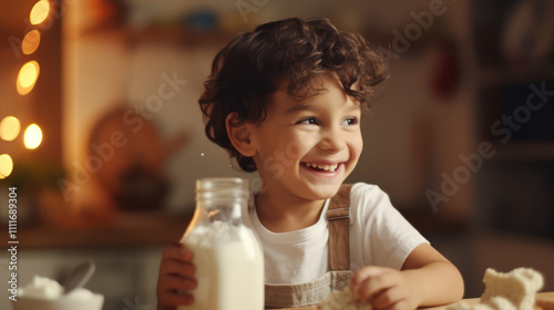 Joyful Child Enjoying a Glass of Milk in a Cozy Kitchen Setting, Bright Smiles and Warm Lighting Create a Cheerful Atmosphere Captured in a Delightful Moment