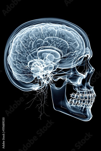 X-ray Illustration of Human Skull and Brain with Neural Connections photo